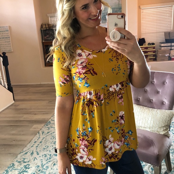 Last 1! Small Mustard Floral Babydoll Top - Picture 2 of 5